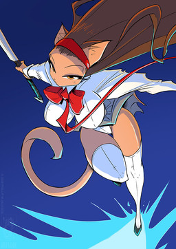 anthro clothing female hair melee_weapon school_uniform solo sword tail uniform weapon conditional_dnp jollyjack domestic_cat felid feline felis mammal 2025