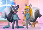 3_toes 5_fingers anthro big_tail black_body black_fur blonde_hair brown_eyes clothing cutting_clothing detailed_background duo feet female fingerless_(marking) fingers fluffy fluffy_tail fur furniture grey_body grey_fur hair highleg highleg_overalls holding_object holding_scissors leotard male multicolored_body multicolored_fur open_mouth overalls plushie purple_eyes scissors sky sloucds sparkles table tail teddy_bear toeless_(marking) toes two_tone_body two_tone_fur white_body white_fur window young young_anthro vio023 lemmy_(lemmy_niscuit) lolly_(butterscotchlollipop) mammal mephitid skunk spotted_skunk hi_res