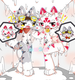 anthro bell bell_collar biped body_swap collar duo eyewear eyewear_on_head fur goggles goggles_on_head goo_body goo_drip goo_transformation grey_body grey_fur grey_stripes handles_on_arms heart_symbol kemono lock_bulge looking_at_viewer male open_mouth red_eyes red_stripes scarf slim_anthro slim_male standing stripes transformation white_body white_fur yellow_eyes caramelcatcat canid canine domestic_cat felid feline felis fox mammal 2025 hi_res