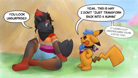 ambiguous_gender anthro asexual_pride_colors black_nose black_tail blue_bottomwear blue_clothing blue_eyes blue_shorts bottomwear brown_eyes clothing curly_hair dialogue duo feet female goo_hair hair hand_on_chin illusion kerchief lesbian_pride_colors lgbt_pride looking_at_another looking_down mid_transformation neck_tuft pattern_clothing pattern_shirt pattern_topwear pride_colors pseudo_hair red_feet shirt shorts speech_bubble striped_clothing striped_shirt striped_topwear stripes tail text topwear transformation tuft crizbn nintendo pokemon pokemon_mystery_dungeon spike_chunsoft ditto_(pokemon) generation_1_pokemon generation_5_pokemon human hybrid mammal pikachu pokemon_(species) zorua 16:9 2021 english_text widescreen