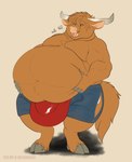 anthro belly big_belly brown_body brown_fur bulge fur holding_belly hooves horn male obese overweight solo tongue tongue_out weight_gain clovishusky bovid bovine cattle mammal hi_res