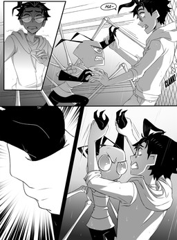 aged_up ahoge antennae_(anatomy) bald black_hair clothed clothing dialogue duo eyewear frown glasses hair hoodie male not_furry open_mouth pak raining round_glasses simple_background speech_bubble text topwear inimoose invader_zim nickelodeon dib_membrane zim_(invader_zim) alien alien_humanoid human humanoid irken mammal comic digital_media_(artwork) english_text hi_res monochrome