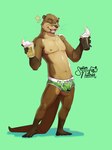 alcohol anthro beer beverage black_nose brown_body brown_eyes brown_fur bulge clothed clothing fur furry-specific_brand green_background looking_at_viewer male navel nipples one_eye_closed simple_background smile solo tail teeth text text_on_clothing underwear whiskers senor_nutria rudderbutts mike_(rudderbutts) mammal mustelid otter river_otter hi_res