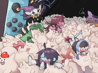 ambiguous_gender ambiguous_human anthro blush bodily_fluids bone bracelet clothed clothing drooling electronics female fur game_console group hair heart_symbol jewelry male melee_weapon saliva spiked_bracelet spikes sweat sweatdrop sword tongue tongue_out weapon white_body white_fur osakanadream deltarune nintendo nintendo_switch undertale undertale_(series) annoying_dog_(undertale) jevil_(deltarune) kris_dreemurr lancer_(deltarune) ralsei seam_(deltarune) susie_(deltarune) bovid canid canine canis caprine darkner domestic_dog goat human humanoid mammal reptile scalie 2019 digital_media_(artwork) hi_res
