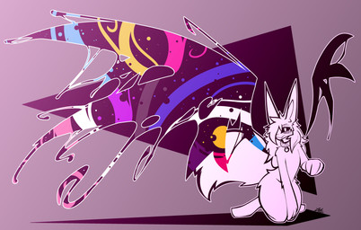 abstract_background ambiguous_gender anthro big_hands big_tail black_sclera collar collar_only covering covering_crotch fluffy fluffy_tail genderfluid_pride_colors hair hair_over_eye ink ink_splatter inner_ear_fluff jagged_mouth kneeling lgbt_pride long_ears long_hair looking_at_viewer nude pansexual_pride_colors polyamory_pride_colors pride_colors smile solo spread_wings tail thick_thighs tuft white_eyes wings conditional_dnp lodi_(artist) lodi_(character) demon absurd_res hi_res restricted_palette signature