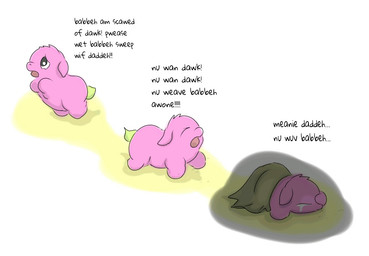 abuse ambiguous_feral ambiguous_gender bedding black_eyes blanket bodily_fluids crying eyes_closed feral green_tail lying narrowed_eyes neonate on_front on_hind_legs open_mouth pink_body sad scared simple_background solo standing tail tears text upset young young_ambiguous young_feral carpdime fluffy_pony fluffy_pony_(species) mammal digital_media_(artwork) english_text shaded