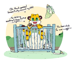 ambiguous_gender anthro baby_bottle bib big_diaper bodily_fluids crib cute_fangs dialogue diaper disembodied_hand fangs genital_fluids green_eyes huge_diaper looking_at_viewer magic sitting soiled_diaper solo speech_bubble talking_to_viewer teeth trapped unclean_diaper urine used_diaper wet_diaper young boredomwithfriends ace_(boredomwithfriends) felid mammal pantherine tiger 2025 hi_res
