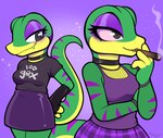 alternative_fashion anthro anthrofied bottomwear choker clothing crossgender drugs eyeshadow female fingerless_gloves fishnet_clothing gloves goth handwear jewelry makeup mall_goth marijuana mtf_crossgender necklace skirt solo moozua 100_gecs gex_(series) gex_the_gecko gecko lizard reptile scalie hi_res purple_theme trans_(lore) trans_woman_(lore)