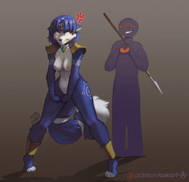 4_toes angry anklet anthro armor barefoot blue_body blue_fur breasts clothing collar cross-popping_vein dominant dominant_human dominant_male duo embarrassed feet female footwear fur gesture headgear headwear heart_gesture heart_symbol humor iconography jewelry male markings melee_weapon metal_collar multicolored_body multicolored_fur necklace nipples nude patreon_logo pauldron plantigrade polearm shoes simple_background slippers smile spear standing_on_toes submissive submissive_female text toes tribal tribal_markings two_tone_body two_tone_fur weapon askart nintendo patreon star_fox anon krystal_(star_fox) canid canine fox human mammal 2021 english_text hi_res signature