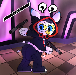 ambiguous_gender anthro beak black_body black_bottomwear black_clothing black_footwear black_hoodie black_pants black_topwear blue_ear_tips bottomwear clean_diaper clothed clothing cloud_emanata club_(weapon) detailed_background diaper diaper_puff diaper_under_clothing dipstick_ears ear_markings ellipsis emanata eyewear floor footwear goggles goggles_around_neck holding_object holding_weapon hoodie inside logo looking_back mask melee_weapon multicolored_body multicolored_ears narrowed_eyes nightstick pants question_mark solo standing text text_box tile tile_floor topwear weapon wearing_diaper wearing_mask white_body white_ears yellow_beak zipper hyper423 atlus megami_tensei persona_(series) persona_5 sega lufel avian bird owl 2023 artist_logo english_text hi_res