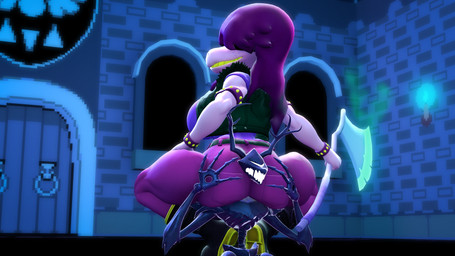 anthro axe big_butt boots bracelet butt castle clothed clothing covered_eyes crouching duo female footwear freckled_face freckles grin hair hand_on_butt head_between_buttocks holding_another holding_object holding_weapon jacket jewelry long_hair meme_pose pink_body pink_skin purple_clothing purple_hair shirt shoes smile spiked_bracelet spikes thick_thighs topwear weapon juicyducksfm deltarune undertale undertale_(series) roaring_knight susie_(deltarune) reptile scalie 16:9 3d_(artwork) digital_media_(artwork) hi_res source_filmmaker_(artwork) widescreen