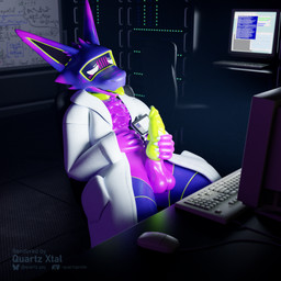 anthro aroused balls blue_body blush blush_lines bodily_fluids chair claws clothing coat collar computer computer_keyboard computer_mouse dark_room depth_of_field desk detailed_background dimly_lit dripping electronics facial_markings furniture genital_fluids genitals glistening glistening_body green_accents green_collar green_mouth green_nostrils green_penis green_tongue hand_on_belly hand_on_penis head_markings id_card id_tag knot knotted_penis lab_coat laboratory looking_at_computer looking_at_monitor looking_at_object looking_pleasured machine male markings masturbation metal_collar motion_blur multicolored_body office_chair penis precum precum_drip purple_accents purple_balls purple_body qr_code ridged_penis scaled_penis screen screen_face server server_room solo speaker_ears spikes synthetic synthetic_penis table tongue tongue_out topwear white_claws white_eyes whiteboard quartz_xtal_(artist) blender_cycles quartz_xtal android kobold lautus-k robot robot_anthro scalie 1:1 3d_(artwork) absurd_res blender_(artwork) digital_media_(artwork) hi_res
