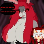 anthro big_breasts breasts clothing duo female hair huge_breasts jacket long_hair male male/female red_eyes red_hair speech_bubble topwear white_hair blazerfurro capcom devil_may_cry disney zootopia judy_hopps nick_wilde canid canine fox lagomorph leporid mammal rabbit red_fox true_fox absurd_res hi_res