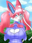 anthro big_breasts blush breasts cheek_tuft cleavage cleavage_cutout clothed clothing cutout facial_tuft female fingers fingertips_touching green_eyes hair heart_cutout index_to_index inner_ear_fluff open_mouth pigtails plant ribbons solo sweater topwear translucent translucent_hair tree tuft yumiiefox nintendo pokemon eeveelution generation_6_pokemon mammal pokemon_(species) sylveon 3:4 hi_res