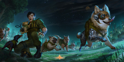 ambiguous_gender armor beard black_hair brown_body brown_fur building city clothing cloud crouching cybernetics facial_hair forest full_moon fur grass group hair hat headgear headwear helmet holding_character low-angle_view machine male moon night outside plant prosthetic prosthetic_limb running tail tree ina_wong mythgard canid canine canis cyborg domestic_dog human mammal 2020 digital_media_(artwork) hi_res official_art