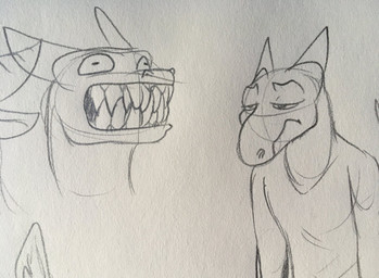 annoyed anthro bared_teeth clothed clothing horn male male_anthro simple_background solo teeth jezzlen mythology dragon mythological_creature mythological_scalie scalie guide_lines hi_res monochrome sketch traditional_media_(artwork)