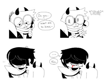 anthro bite biting_lip biting_own_lip blood bodily_fluids dialogue duo eyewear glasses horn hug male self_bite shadowed_face text honkadoi deltarune undertale_(series) kris_(deltarune) ralsei bovid caprine goat human mammal english_text hi_res