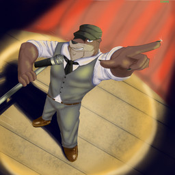 anthro belt clothing electronics floor footwear gesture hand_gesture hat headgear headwear high-angle_view holding_object looking_at_viewer male microphone muscular muscular_male necktie pointing shoes smile smiling_at_viewer smirk smirking_at_viewer solo standing topwear vest wood wood_floor sindo_(artist) echo_(game) echo_(series) echo_project sydney_bronson humanoid mammal mustelid otter 1:1 hi_res