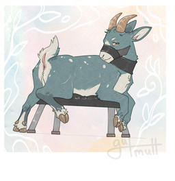 abstract_background anus anus_only bench collar ear_piercing feral hooves horn looking_at_viewer male muzzle_(object) muzzled piercing raised_tail smile solo spots tail gutmutt thesphur_(thesphur) bovid caprine goat mammal hi_res