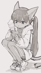 anthro cellphone clothed clothing cracked crouching dessert electronics female food footwear fully_clothed holding_cellphone holding_food holding_ice_cream holding_ice_cream_cone holding_object holding_phone holding_smartphone ice_cream ice_cream_cone jacket kemono looking_at_cellphone looking_at_object looking_at_phone open_clothing open_jacket open_topwear phone shoes simple_background smartphone sneakers solo tail topwear track_pants twintails_(hairstyle) white_background young young_anthro young_female 3yo4yo5yo hiraragi_akane domestic_cat felid feline felis mammal hi_res