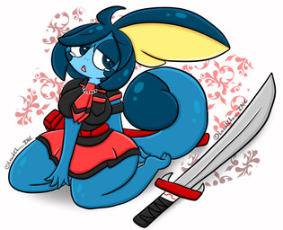 anthro blue_body blue_eyes blue_hair bodily_fluids bottomwear breasts clothed clothing female hair melee_weapon necktie shirt simple_background skirt solo sword tail tears topwear weapon white_background lewdchuu nintendo pokemon athena_(grenji) generation_8_pokemon pokemon_(species) sobble 2023 digital_media_(artwork) hi_res