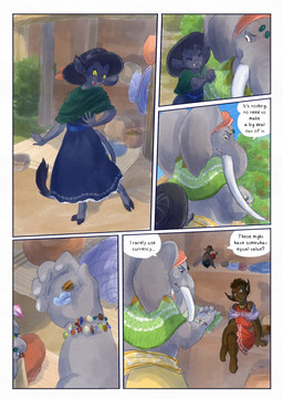 ambiguous_gender anthro biped black_body black_fur black_tail blue_sky brown_body clothed clothing dark_body dark_skin day dialogue dialogue_box female fur grey_body group holding_object hooves male outside sky speech_bubble tail text village bjekkergauken imbali_(bjekkergauken) isilo_(bjekkergauken) elephant elephantid fairy humanoid mammal proboscidean unknown_species 2025 colored comic english_text hi_res