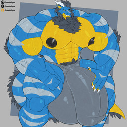 anthro big_bulge big_muscles bulge chest_tuft clothed clothing detailed_bulge huge_bulge huge_muscles hyper hyper_bulge hyper_muscles male muscular muscular_male simple_background solo thong thong_only topless tuft underwear underwear_only vein veiny_muscles meebeehyena mythology dragon mythological_creature mythological_scalie scalie 1:1 hi_res
