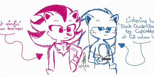 anthro blush blush_lines cellphone chest_tuft clothing directional_arrow duo earbuds ears_up electronics fluffy fluffy_chest gloves hand_on_hip handwear head_spikes headphones listening_to_music looking_away male phone simple_background smartphone spikes spikes_(anatomy) text tuft hopefulsparks duck_duck_goose sega sonic_the_hedgehog_(series) shadow_the_hedgehog sonic_the_hedgehog eulipotyphlan hedgehog mammal english_text monochrome signature sketch