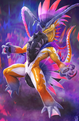 alternate_color aura feathers feet looking_at_viewer male membrane_(anatomy) pokemorph solo spikes spikes_(anatomy) tail toes webbed_feet webbed_hands drakaar nintendo pokemon shakran ancient_pokemon apex_build_koraidon generation_9_pokemon koraidon legendary_pokemon paradox_pokemon pokemon_(species) absurd_res hi_res huge_filesize