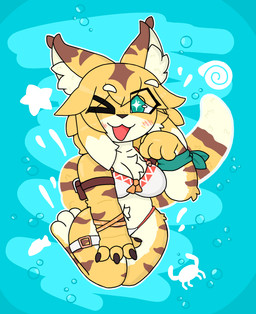 3_toes 4_fingers anthro arm_belt big_breasts bikini blue_background blush breasts brown_body brown_fur bubble chest_tuft claws clothing dipstick_ears ear_markings eyebrow_through_hair eyebrows feet female finger_claws fingers fur green_eyes hair inner_ear_fluff leg_belt multicolored_ears one_eye_closed open_mouth pattern_background pupils simple_background solo star_(symbol) stripes swimwear thick_thighs toes translucent translucent_hair tuft two-piece_swimsuit unusual_pupils wide_hips wink yellow_body yellow_fur lynxafterd4rk cygames world_flipper mia_(world_flipper) aquatic arthropod crab crustacean decapod felid fish malacostracan mammal pantherine tiger 2024 hi_res