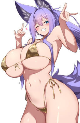 animal_ears big_breasts bikini biped breasts clothed clothing female hair pupils purple_hair side-tie_bikini simple_background smile solo string_bikini swimwear two-piece_swimsuit tylwing golden_week animal_humanoid humanoid hi_res