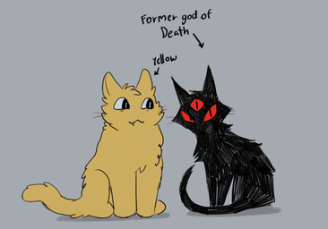 3_eyes ambiguous_feral ambiguous_gender black_body black_fur duo feral fur grey_background multi_eye red_eyes simple_background text yellow_body yellow_fur aveloka cult_of_the_lamb massive_monster_(studio) narinder yellow_cat_(cult_of_the_lamb) domestic_cat felid feline felis mammal 2024 digital_drawing_(artwork) digital_media_(artwork) english_text