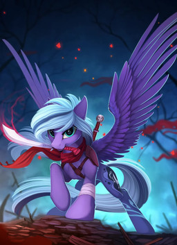 armor bandage banner blue_body blue_eyes blue_feathers blue_fur blue_hair blurred_background cutie_mark eyebrows falchion feathered_wings feathers female feral fighting_pose fur hair holding_melee_weapon holding_object holding_sword holding_weapon hooves leather looking_at_viewer magic melee_weapon pauldron plant pose scarf semi-anthro sky solo spread_wings standing sword tree weapon wind wings wraps imiokun third-party_edit yakovlev-vad hasbro my_little_pony mythology fan_character equid equine mammal mythological_creature mythological_equine pegasus 2016 2d_animation animated hi_res motion_tweening no_sound short_playtime video