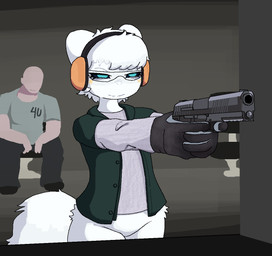 anthro bangs bottomless bottomless_anthro bottomless_female clothed clothing duo ear_protection eye_bags eyewear female female_anthro goggles gun hair holding_gun holding_object holding_ranged_weapon holding_weapon male male_human pointing_gun protective_eyewear ranged_weapon safety_goggles shooting_range short_hair weapon commonbleat casualties:_unknown anon gunsawian human mammal milky_(gunsawian) aliasing binary_drawing digital_drawing_(artwork) digital_media_(artwork)