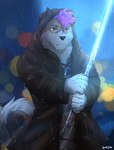 anthro clothed clothing fur holding_object holding_weapon jedi lightsaber male melee_weapon outside raining simple_background solo weapon white_body white_fur luck_like star_wars spen_(spencerten) canid canine canis domestic_dog humanoid husky mammal nordic_sled_dog spitz hi_res