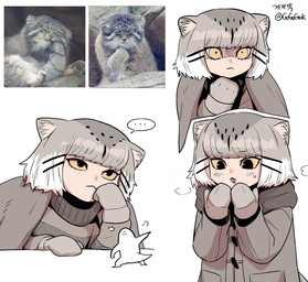 :< ambiguous_feral ambiguous_gender ambiguous_humanoid black_hair blush blush_lines cloak clothing coat constricted_pupils duo ellipsis feral fist front_view gesture grey_clothing grey_coat grey_ears grey_hair grey_topwear hair hand_gesture handwear humanoid_focus humanoidized inner_ear_fluff light_body light_skin looking_at_viewer mittens multicolored_hair no_sclera photo_reference pointing pupils scarf simple_background small_pupils solo solo_focus speech_bubble stare tan_inner_ear_fluff topwear tuft unimpressed white_background white_hair winter_coat yellow_eyes gegegekman gegegek_(gegegekman) animal_humanoid felid felid_humanoid feline feline_humanoid humanoid mammal mammal_humanoid pallas's_cat 2025 bust_portrait colored digital_media_(artwork) half-length_portrait hi_res multiple_images portrait reference_image shaded signature simple_shading