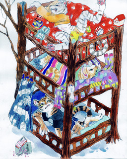 anthro bed bedding blanket book bunk_bed clothed clothing earbuds electronics female footwear furniture group headphones leucistic pawpads phone pink_pawpads simple_background sleeping socks tail trio yellow_eyes kyokyota felid mammal pantherine tiger 2018 absurd_res hi_res