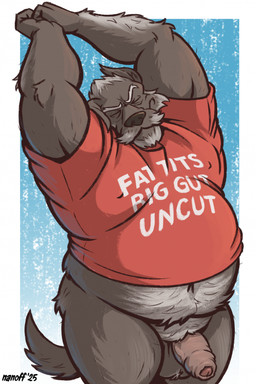 anthro balls belly belly_overhang border bottomless bottomless_anthro bottomless_male clothed clothing eyes_closed facial_hair flaccid foreskin fupa fur genitals grey_body grey_fur head_tuft humanoid_genitalia humanoid_penis male mature_male moobs mustache navel overweight overweight_male penis red_clothing red_shirt red_topwear shirt shirt_only simple_background solo stretching text text_on_clothing text_on_shirt text_on_topwear topwear topwear_only tuft unretracted_foreskin white_border nanoff fat_tits_big_gut_uncut meme_clothing boomer_(nanoff) canid canine canis mammal wolf 2025 colored dated digital_drawing_(artwork) digital_media_(artwork) english_text hi_res meme signature