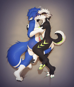 animal_genitalia animal_penis anthro black_body black_fur black_pawpads blue_body blue_fur bodily_fluids canine_genitalia canine_penis chevron_(marking) cuddling curled_tail duo eyes_closed frottage fur genital_fluids genitals green_pawpads hair heart_symbol kissing making_out male male/male markings pawpads penile penis penises_touching precum sex striped_markings striped_tail stripes tail tail_markings tail_motion tailwag white_hair kochack jaeger_(mawrshie) canid canine canis domestic_dog elkhound fox jamthund mammal spitz absurd_res hi_res