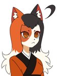 :< alternate_hairstyle anthro black_ears black_hair breasts circle_eyebrows clothed clothed_anthro clothed_female clothing eyebrows eyelashes female female_anthro fur hair mouth_closed multicolored_body multicolored_fur multicolored_hair orange_ears orange_hair pupils simple_background slit_pupils small_eyebrows solo topwear white_background white_hair dvampiresmile piko_(dvampiresmile) calico_cat domestic_cat felid feline felis mammal 2021 bust_portrait digital_drawing_(artwork) digital_media_(artwork) portrait