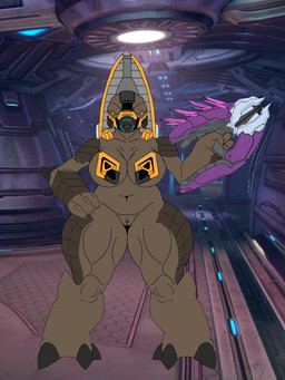 3d_background 4_fingers anthro big_breasts breasts brown_body brown_scales female fingers gas_mask genitals gun hand_on_hip holding_gun holding_object holding_ranged_weapon holding_weapon looking_at_viewer mask navel needler non-mammal_breasts pasties pupils ranged_weapon scales screencap screencap_background slit_pupils solo standing thick_thighs vulva weapon yellow_eyes scornedtitan halo_(series) microsoft xbox_game_studios alien unggoy 3:4 3d_(artwork) colored digital_media_(artwork) hi_res mixed_media