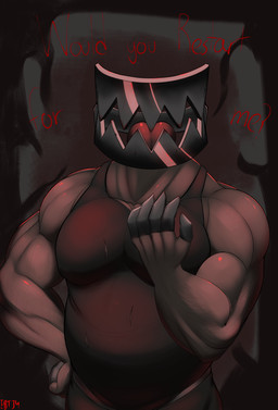 belly blood bodily_fluids clothing for_a_head gesture gesturing_at_viewer hand_on_hip looking_at_viewer male metal metallic_body muscular not_furry ominous ominous_background pecs shirt solo tank_top tongue topwear ebt34 humanoid absurd_res hi_res