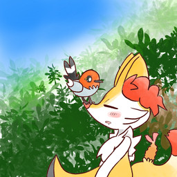 ambiguous_anthro ambiguous_feral ambiguous_gender anthro biped blush blush_lines blush_stickers bodily_fluids detailed_background drooling duo eyes_closed feral food leaf object_in_tail on_another open_mouth outside saliva shrimp_(food) side_view sitting size_difference snout tail annyui0611 nintendo pokemon braixen canid fletchling generation_6_pokemon mammal pokemon_(species) 1:1 2022 digital_drawing_(artwork) digital_media_(artwork) half-length_portrait hi_res japanese_description portrait translated_description