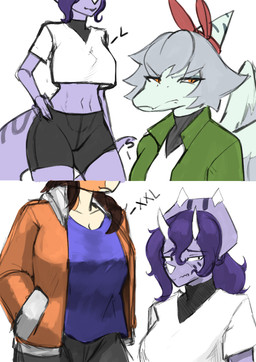 3_horns amber_eyes anthro big_tail black_bottomwear black_clothing black_shorts bone_frill bottomwear breast_envy breasts brown_hair cleavage clothed clothing crop_top duo eyelashes facial_horn feathered_wings feathers female frill_(anatomy) grey_body grey_hair grey_scales group hair hand_in_pocket hand_on_hip hand_on_own_hip horn jacket light_body light_scales long_hair long_tail midriff multi_horn multicolored_body multicolored_scales nose_horn orange_body orange_clothing orange_jacket orange_scales orange_topwear pockets purple_body purple_hair purple_scales scales shirt short_hair shorts smile t-shirt tail topwear trio two_tone_body two_tone_scales white_clothing white_crop_top white_shirt white_t-shirt white_topwear wings chervyarts third-party_edit cavemanon_studios snoot_game amber_(snoot_game) maria_(snoot_game) sera_(snoot_game) aquilops ceratopsian ceratopsid chasmosaurine dinosaur marginocephalian ornithischian prehistoric_species pterodactylus pterosaur reptile scalie triceratops 2026 color_edit colored shaded simple_shading