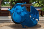 anthro back_horn belly big_belly blue_body chinese claws detailed_background horn huge_belly male membrane_(anatomy) membranous_wings moobs morbidly_obese morbidly_obese_male obese obese_male outside overweight overweight_male plant red_eyes smile solo sumo sumo_ring tail thick_arms thick_neck thick_tail thick_thighs tree wings biglovealicia blue_dragon_(series) mythology blue_dragon_(character) dragon mythological_creature mythological_scalie scalie 2023 cel_shading hi_res shaded signature