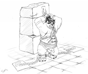 anthro balls bound chain chained genitals male penis scar slightly_chubby solo ceoran blizzard_entertainment warcraft bear mammal pandaren 2014 monochrome