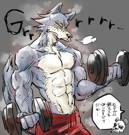 abs abstract_background anthro athletic athletic_anthro athletic_male biceps black_sclera blush bodily_fluids bottomwear cigarette clothed clothing dialogue dumbbell duo exercise eyes_closed fingers fluffy fluffy_tail frown fur grey_background grey_body grey_fur growling male markings multicolored_body multicolored_fur muscular muscular_anthro muscular_male musk navel pecs scar shorts simple_background solo_focus spots spotted_body spotted_fur standing sweat tail tan_body tan_fur text topless topless_anthro topless_male two_tone_body two_tone_fur vein veiny_muscles weightlifting weights workout yuzuki_fang111 beastars gouhin_(beastars) legoshi_(beastars) bear canid canine canis giant_panda mammal wolf 2021 digital_drawing_(artwork) digital_media_(artwork) english_text hi_res japanese_text translation_check translation_request