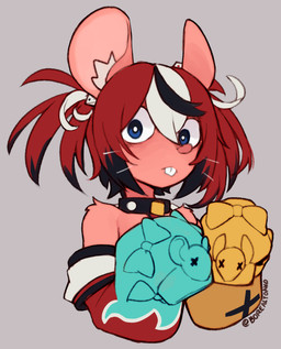 accessory alternate_species anthro anthrofied armwear black_highlights blue_eyes buckteeth clothed clothing collar d6 detached_sleeves dice female fur furrification grey_background hair hair_accessory hand_puppet highlights_(coloring) looking_at_viewer multicolored_hair off_shoulder pigtails pink_body pink_fur red_hair simple_background solo teeth whiskers white_highlights wide_eyed yoako hololive hololive_en vtuber hakos_baelz mammal murid murine rat rodent bust_portrait hi_res portrait