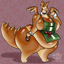 anthro apron baguette basket bow_ribbon bread clothing container cutlery female food kitchen_utensils looking_at_viewer overweight overweight_anthro overweight_female red_eyes solo spoon standing tools whisk yellow_sclera gothycollie mythology elizabread_(gothycollie) dragon food_creature hybrid mythological_creature mythological_scalie scalie 2025 digital_drawing_(artwork) digital_media_(artwork) hi_res
