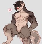 abs anthro brown_body brown_fur bushy_hair featureless_crotch floppy_ears fluffy fluffy_tail fur hair hair_over_eye heart_symbol male muscular muscular_male nipples one_eye_obstructed red_nose simple_background smile solo tail d1cknballs canid canine canis domestic_dog mammal 2023 hi_res